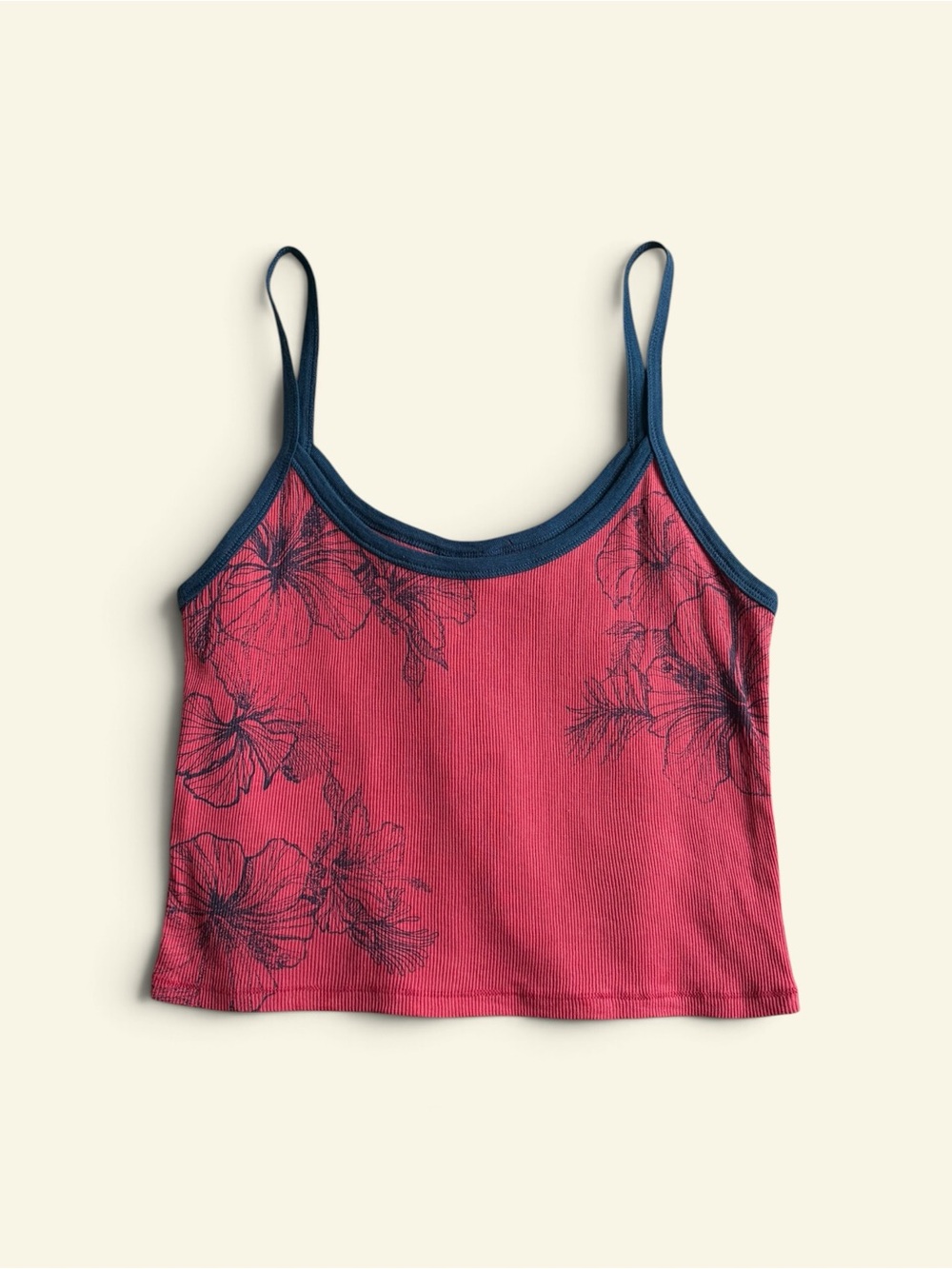 Aeropostale Hibiscus Floral Ribbed Tank Top Large Y2K Crop Cami Contrast Trim